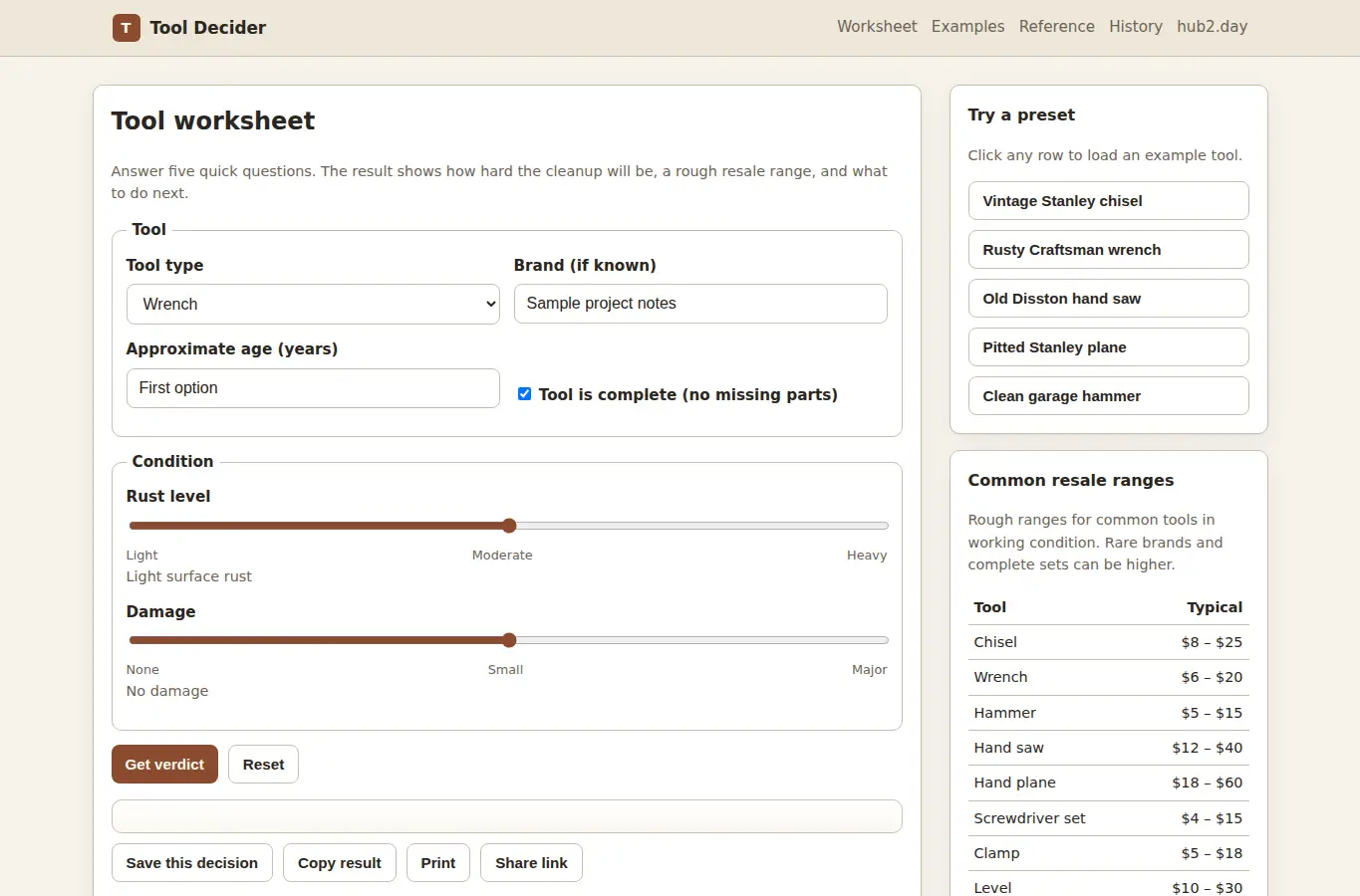 Screenshot of Used Tool Restoration or Resale Decider interface showing the project page in use